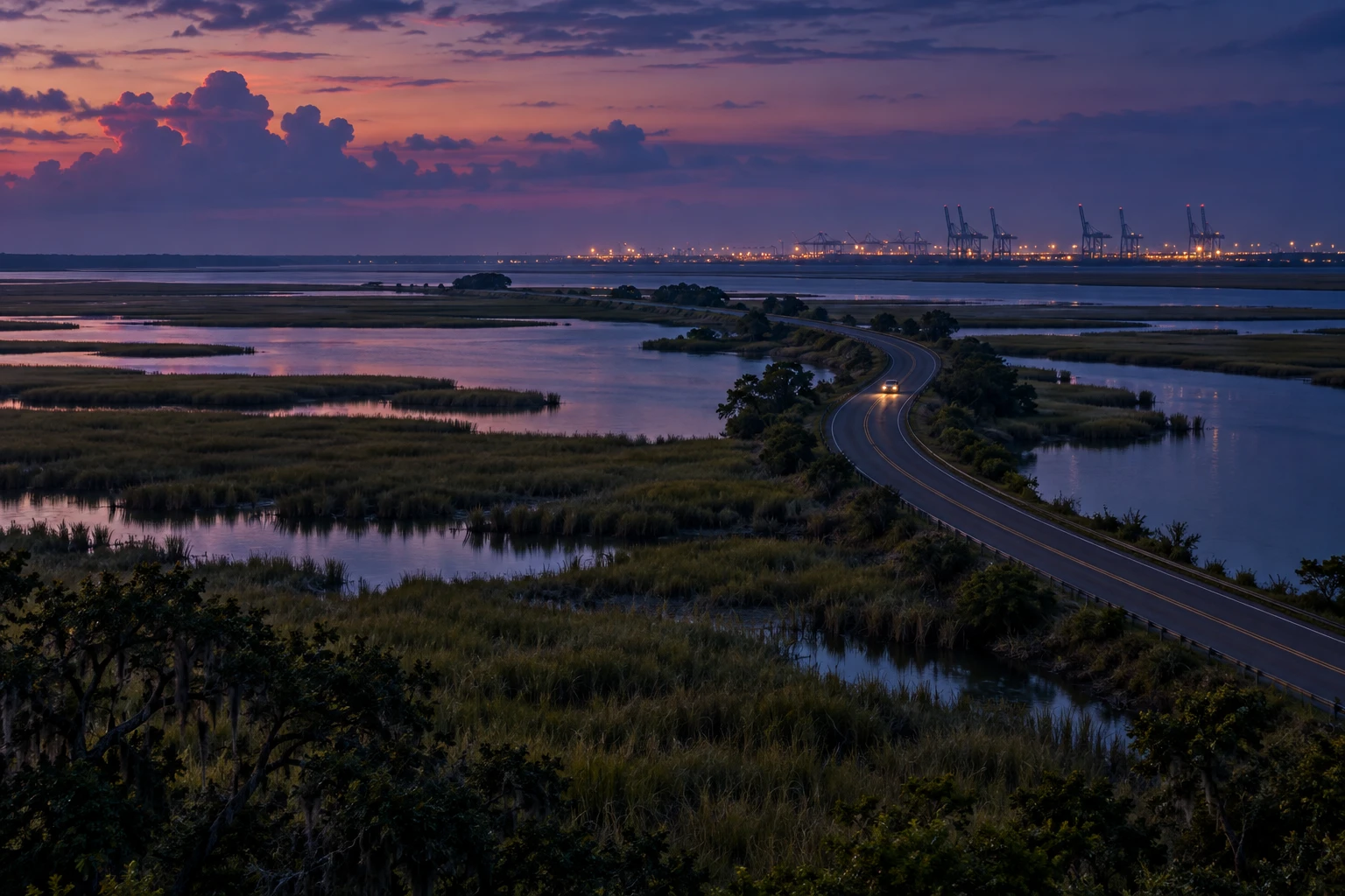 An imagined coastal Georgia causeway winding through salt marsh at dusk