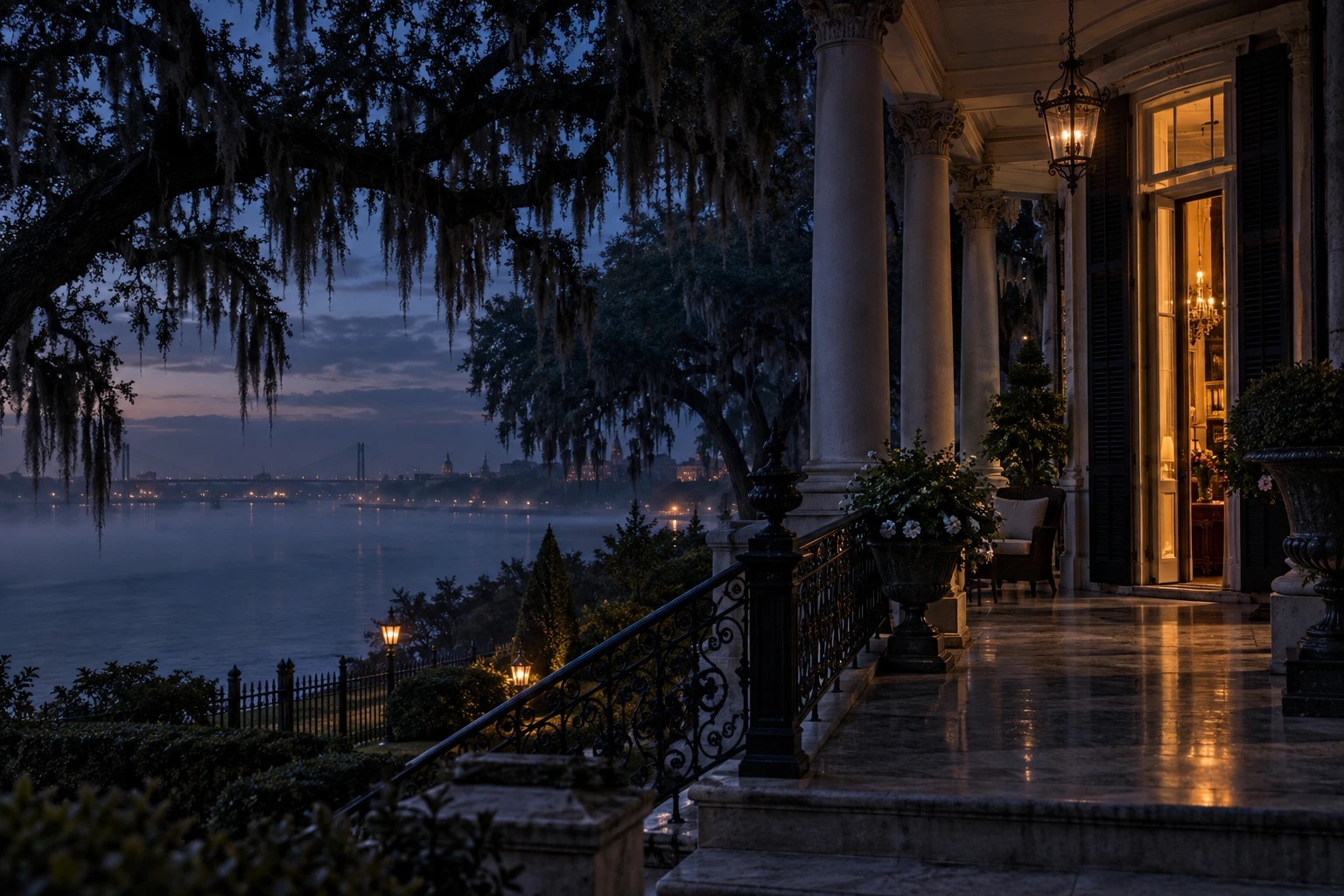 An imagined Savannah riverfront veranda at blue dusk